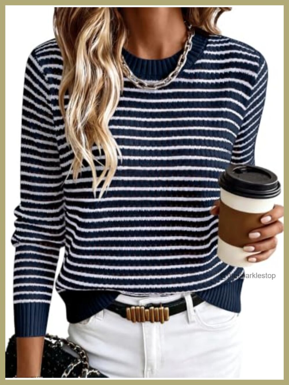 ANRABESS Womens Long Sleeve Striped Crochet Knit Pullover Sweater
